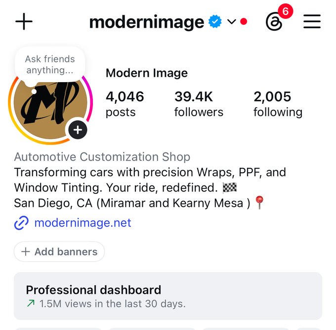 Modern Image Instagram dashboard: 1.5M views in the last 30 days, 39.4K followers