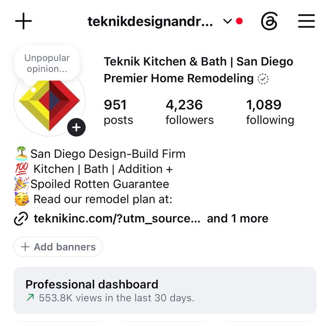 Teknik Kitchen and Bath Instagram dashboard: 553.8K views in the last 30 days, 4,236 followers
